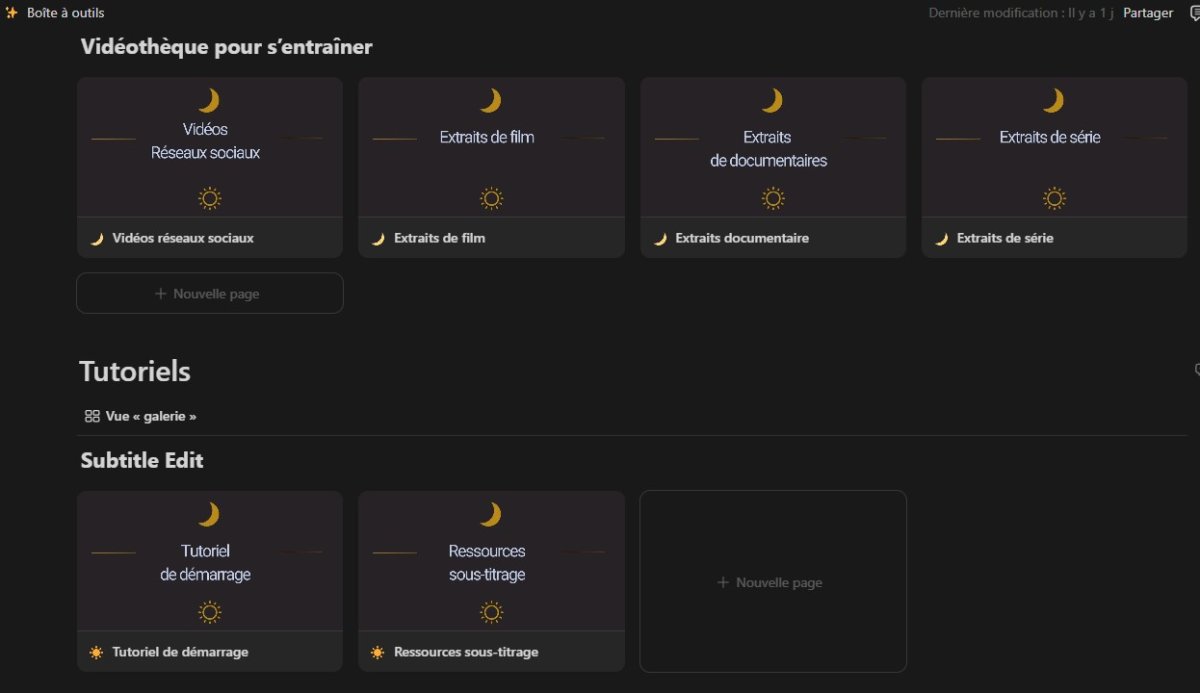 Capture d'écran plateforme Notion ressources sous-titrage