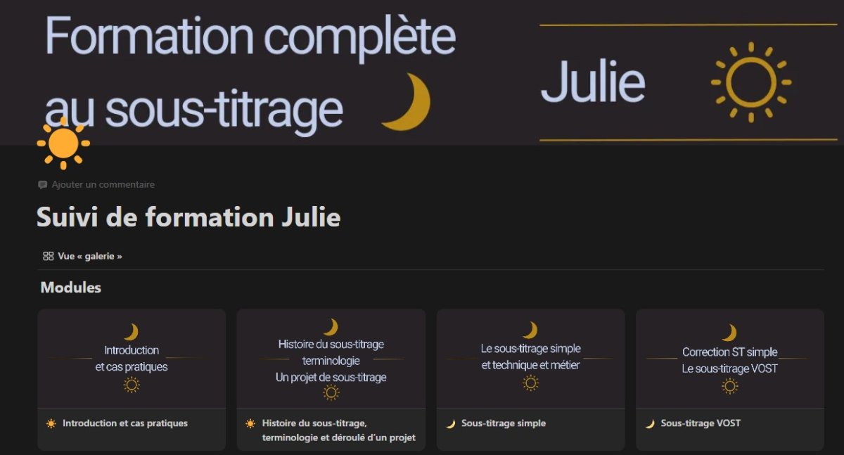 Capture d'écran de la plateforme Notion : suivi pour l'élève Julie en sous-titrage